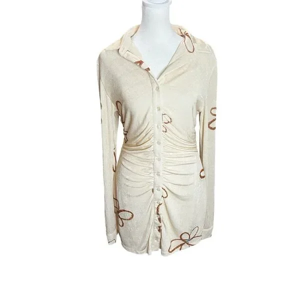 With Jéan Andy Mini Dress Chalk & Flowers Ruched Button Front Long Sleeve S - Picture 4 of 8